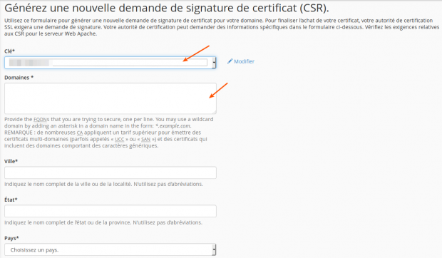 installer certificat SSL cpanel - csr